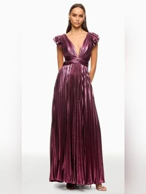 LEENA FOR MAC DUGGAL RUFFLE SLEEVE METALLIC GOWN SIZE 8 MSRP $498